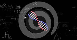 Image of mathematical formulae and DNA strain floating on black background