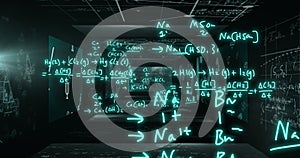 Image of mathematical formulae and scientific data processing over black background