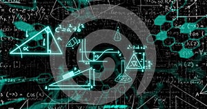 Image of mathematical formulae and scientific data processing over black background