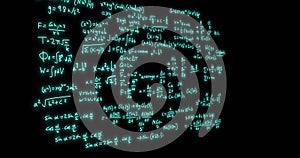 Image of mathematical formulae and scientific data processing over black background