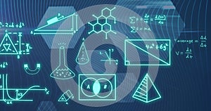 Image of mathematical formulae and scientific data processing over black background