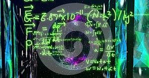 Image of mathematical formulae and scientific data processing over globe
