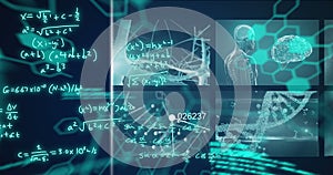 Image of mathematical formulae and scientific data processing over screens