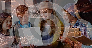 Image of mathematical formulas over students using computers