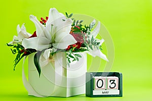 Image of may 3 calendar on floral background with flowers