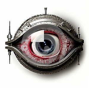 an image of a mechanical eye with a red eye in the middle