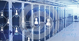 Image of media icons and data processing over server room