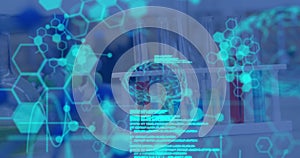 Image of medical data processing, human brain, molecules and chemical compound structures