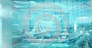 Image of medical data processing over modern building and cityscape