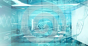 Image of medical data processing over modern building and cityscape