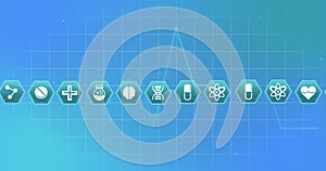 Image of medical icons and cardiograph on blue background