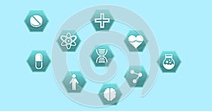 Image of medical icons with data processing on blue background