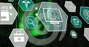 Image of medical icons and data processing over computer servers