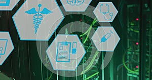 Image of medical icons and data processing over computer servers