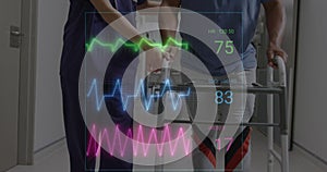 Image of medical vital signs data over diverse female doctor and male patient with walking frame