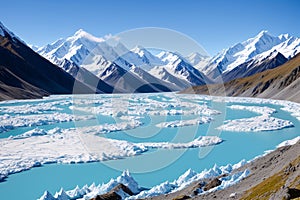 Melted ice leaving Tasman glacier thorugh a valley at Aoraki Mt. Cook national park in New Zealand made with photo