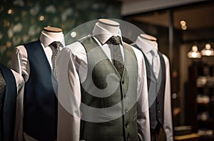 an image of men& x27;s suits in a boutique fashion store with a vest and tie