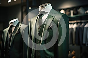 an image of men& x27;s suits in a boutique fashion store with a vest and tie