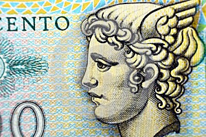 Image of Mercury from the obverse side of 500 five hundred Italian Lire banknote