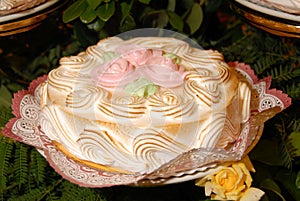 Bridal meringue cake decorated with flowers around it photo