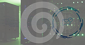 Image of message block icon over round scanner against computer server room