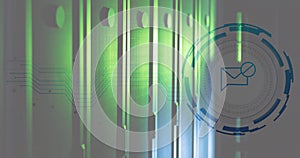 Image of message block icon over round scanner against computer server room