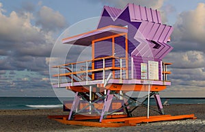 Miami Beach lifeguard stand lit with strobe lights