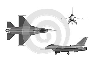 The image of military aircraft. Three views of airplane: top, si