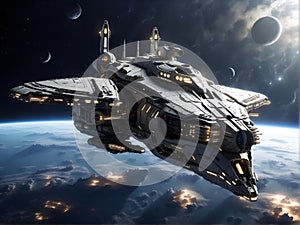 an image of the millennium destroyer flying through space with planets in the background