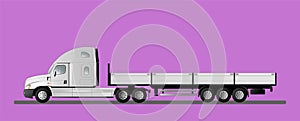 An image of a modern American truck with an open semitrailer. Flat style line art illustration