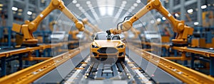 Modern automated car assembly line with robotic arms and yellow vehicle photo