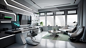 A futuristic style home work with a high-tech computer, generative ai