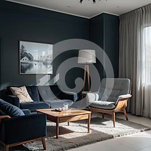 Modern interior of living room with cabinet and armchair on dark blue wall background ing