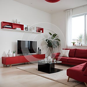 Modern interior of living room with red sofa white cushions and vase with branch panorama ing