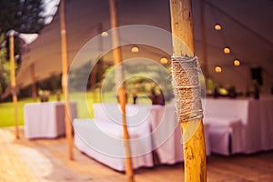 Image of modern wedding decoration with flowers in brown bottels and blurry lights in the background