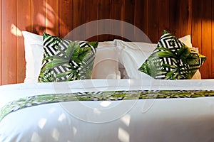 Modern white bed and pillow in the morning mood
