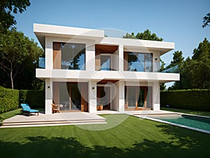 Is an image of a modern white building featuring multiple windows and a lush green lawn area