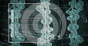 Image of molecules moving over data processing on black background