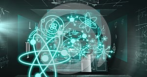 Image of molecules and scientific data processing over black background