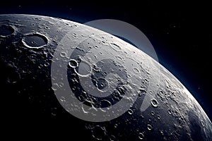Image of moon surface with traces of lunar craters against background of black starry sky