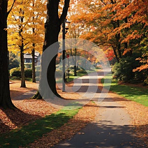 Image of Morning blur in autumn park. Orange red maple leaves. Yellow forest tree on background. Fall season nature