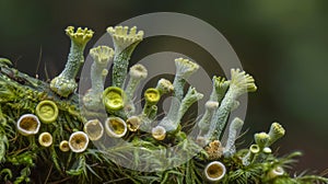 An image of a moss stem covered in s of spore structures of varying sizes and shapes creating a textured and