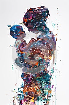 An image of a mother carrying her child created using pixelated art design for Mother\'s day concept