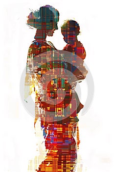 An image of a mother carrying her child created using pixelated art design for Mother's day concept
