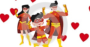 Image of mother, father and son in superhero costumes over white background with hearts