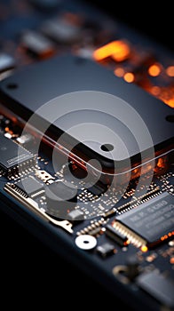 An image of a motherboard with a black background, AI