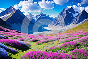 Mountain and glacier photos with flowers and rocks made with Generative AI