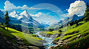 Image of mountain landscape with stream running through it. Generative AI