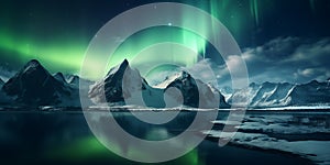 Image of mountains and rivers with the Aurora in the mountain range.