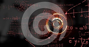 Image of moving circle and mathematical equations on black background